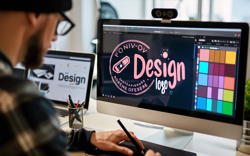 Logo Colors in Italy, Designer creating and reviewing logo designs at White Gold Digital Marketing in Bergamo, Italy